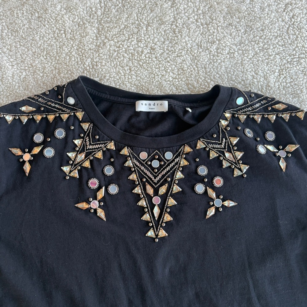 Sandro Paris Black Embellished Beaded Jewel Neck Short Sleeve T-Shirt No Size - Picture 3 of 13
